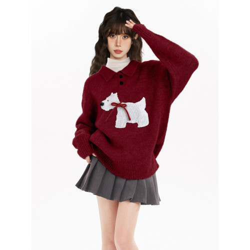 新年紅色小狗polo翻領套頭毛衣女秋冬冬季高級感針織衫本命年上衣 新年紅色小狗polo翻領套頭毛衣女秋冬冬季高級感針織衫本命年上衣