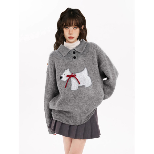 新年紅色小狗polo翻領套頭毛衣女秋冬冬季高級感針織衫本命年上衣 新年紅色小狗polo翻領套頭毛衣女秋冬冬季高級感針織衫本命年上衣