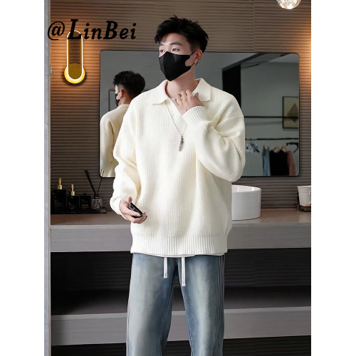 2025春季慵懶高級設計感翻領針織衫上衣男款外套Polo領杏色毛衣男 2025春季慵懶高級設計感翻領針織衫上衣男款外套Polo領杏色毛衣男