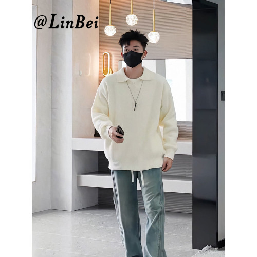 2025春季慵懶高級設計感翻領針織衫上衣男款外套Polo領杏色毛衣男 2025春季慵懶高級設計感翻領針織衫上衣男款外套Polo領杏色毛衣男