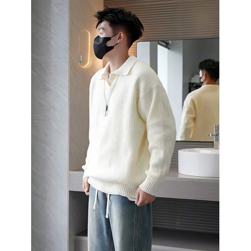 2025春季慵懶高級設計感翻領針織衫上衣男款外套Polo領杏色毛衣男 2025春季慵懶高級設計感翻領針織衫上衣男款外套Polo領杏色毛衣男