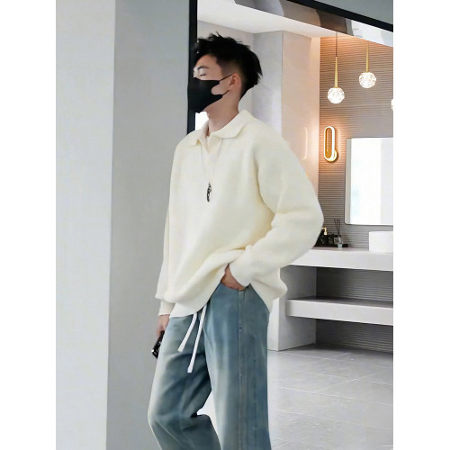 2025春季慵懶高級設計感翻領針織衫上衣男款外套Polo領杏色毛衣男 2025春季慵懶高級設計感翻領針織衫上衣男款外套Polo領杏色毛衣男