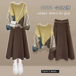 設計感針織套頭加厚毛衣女2024秋冬新款寬松慵懶風拼色粗毛線上衣