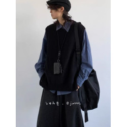 日系復古黑色高級感馬甲男女生秋冬簡約圓領兩側開衩針織毛衣背心