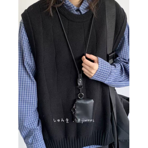 日系復古黑色高級感馬甲男女生秋冬簡約圓領兩側開衩針織毛衣背心