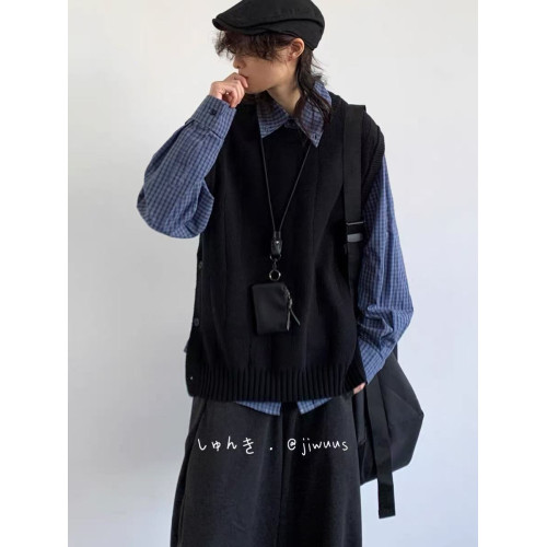 日系復古黑色高級感馬甲男女生秋冬簡約圓領兩側開衩針織毛衣背心