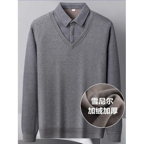 啄木鳥爸爸裝加絨加厚假兩件毛衣t恤打底衫中老年雪尼爾針織衫男