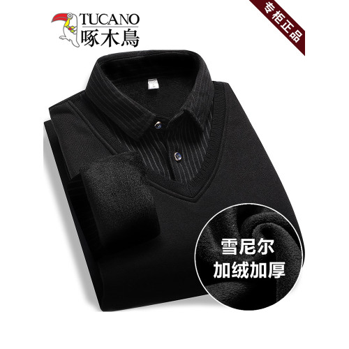 啄木鳥爸爸裝加絨加厚假兩件毛衣t恤打底衫中老年雪尼爾針織衫男