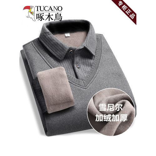 啄木鳥爸爸裝加絨加厚假兩件毛衣t恤打底衫中老年雪尼爾針織衫男