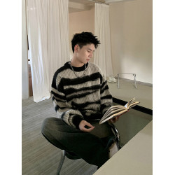 黑白條紋馬海毛毛衣男款冬季加厚慵懶風針織衫設計感美式復古外套