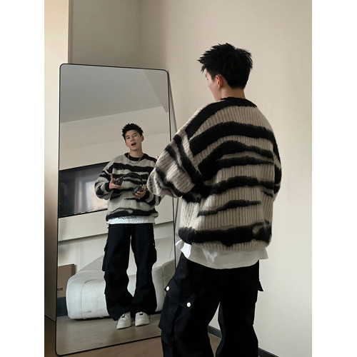 黑白條紋馬海毛毛衣男款冬季加厚慵懶風針織衫設計感美式復古外套