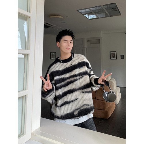 黑白條紋馬海毛毛衣男款冬季加厚慵懶風針織衫設計感美式復古外套
