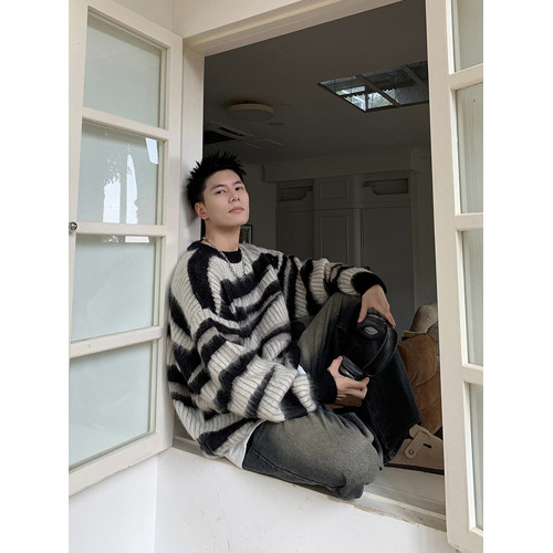 黑白條紋馬海毛毛衣男款冬季加厚慵懶風針織衫設計感美式復古外套