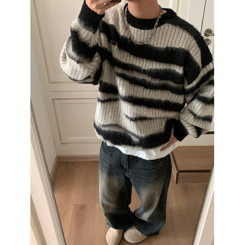 黑白條紋馬海毛毛衣男款冬季加厚慵懶風針織衫設計感美式復古外套