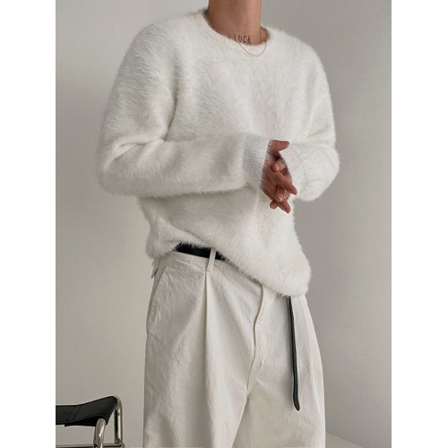 MRCYC水貂毛慵嬾針織衫男秋冬韓系寬鬆純色上衣軟糯圓領加厚毛衣