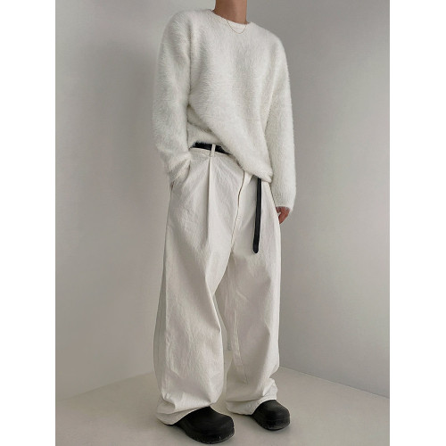 MRCYC水貂毛慵嬾針織衫男秋冬韓系寬鬆純色上衣軟糯圓領加厚毛衣