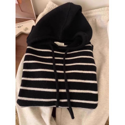 秋冬新款溫柔風撞色條紋連帽針織衫衛衣女內搭韓系軟糯毛衣上衣厚