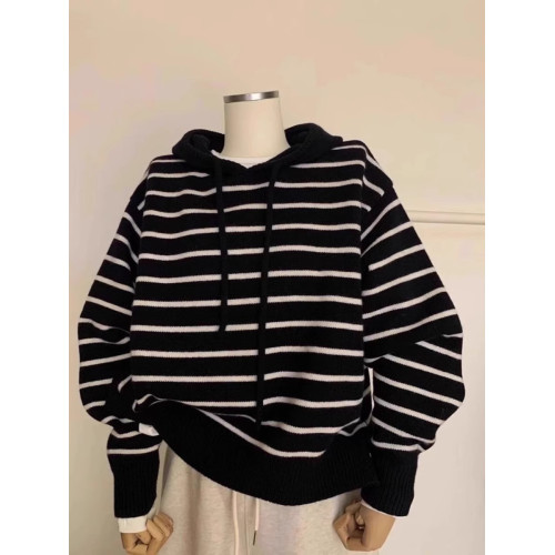 秋冬新款溫柔風撞色條紋連帽針織衫衛衣女內搭韓系軟糯毛衣上衣厚