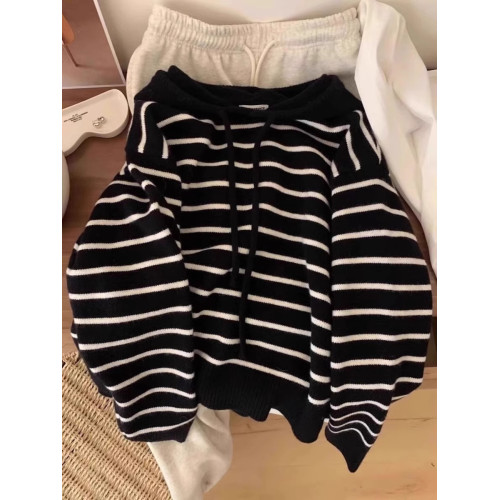 秋冬新款溫柔風撞色條紋連帽針織衫衛衣女內搭韓系軟糯毛衣上衣厚