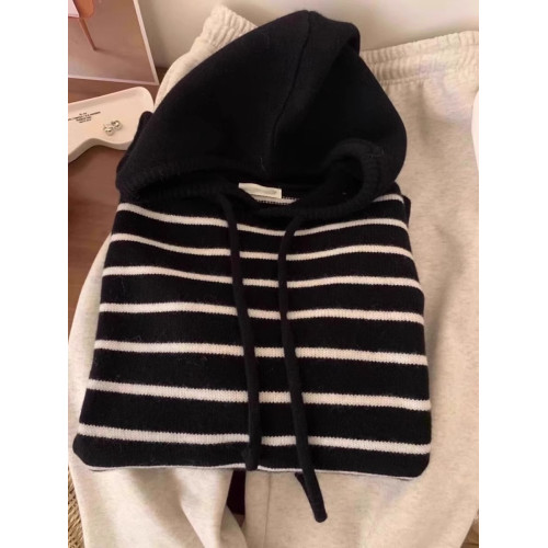 秋冬新款溫柔風撞色條紋連帽針織衫衛衣女內搭韓系軟糯毛衣上衣厚