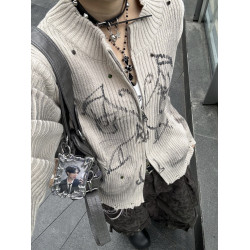 原創美式復古水洗做舊開衫毛衣男女秋冬季高街寬松休閒針織衫外套