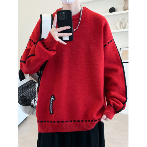 圓領毛衣男秋冬季學院風針織衫男寬松線條感撞色毛衫青少年毛線衣