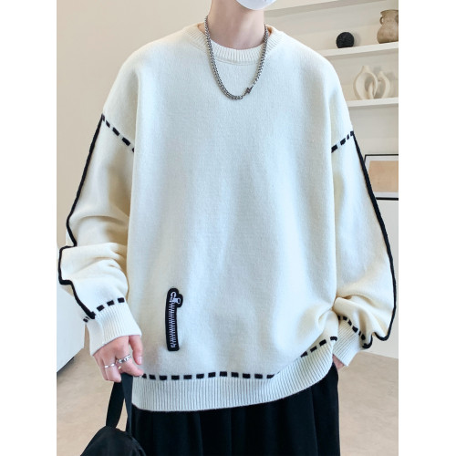 圓領毛衣男秋冬季學院風針織衫男寬松線條感撞色毛衫青少年毛線衣