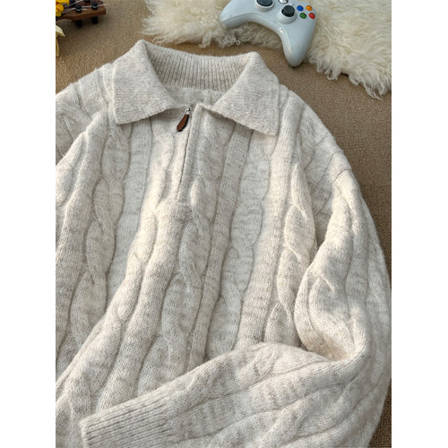 復古麻花半拉鍊針織衫男冬潮牌慵懶風情侶毛衣美式簡約休閒POLO衫