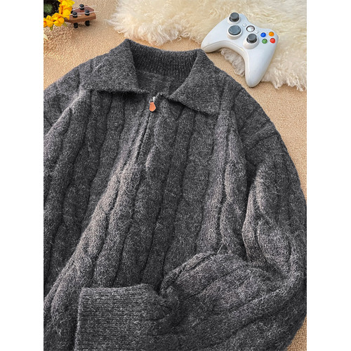 復古麻花半拉鍊針織衫男冬潮牌慵懶風情侶毛衣美式簡約休閒POLO衫