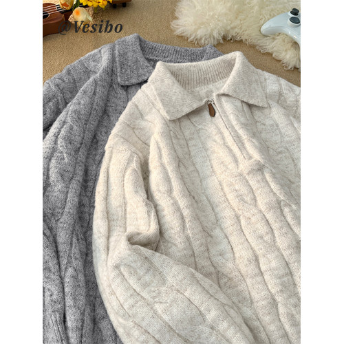 復古麻花半拉鍊針織衫男冬潮牌慵懶風情侶毛衣美式簡約休閒POLO衫