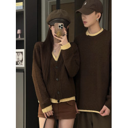 情侶裝秋季法式溫柔風毛衣2025新款設計感小衆假兩件針織上衣潮流