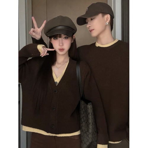 情侶裝秋季法式溫柔風毛衣2025新款設計感小衆假兩件針織上衣潮流