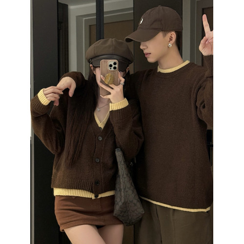 情侶裝秋季法式溫柔風毛衣2025新款設計感小衆假兩件針織上衣潮流