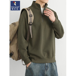 啄木鳥半拉鍊立領加絨衛衣男款春秋季美式針織衫男士純色百搭休閒