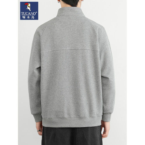 啄木鳥半拉鍊立領加絨衛衣男款春秋季美式針織衫男士純色百搭休閒