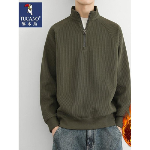 啄木鳥半拉鍊立領加絨衛衣男款春秋季美式針織衫男士純色百搭休閒