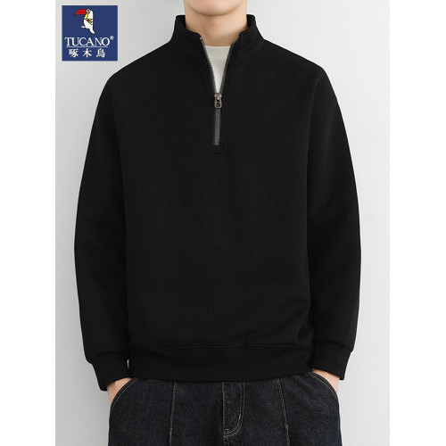 啄木鳥半拉鍊立領加絨衛衣男款春秋季美式針織衫男士純色百搭休閒