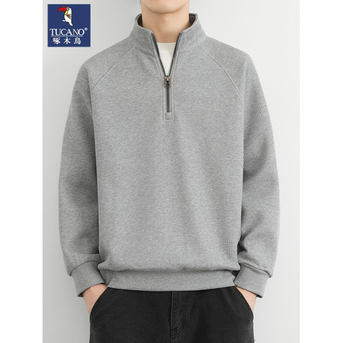 啄木鳥半拉鍊立領加絨衛衣男款春秋季美式針織衫男士純色百搭休閒