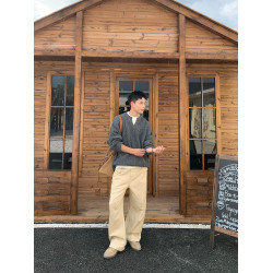 Holocene美式潮牌立體肌理感小V領套頭毛衣男純色簡約寬松針織衫