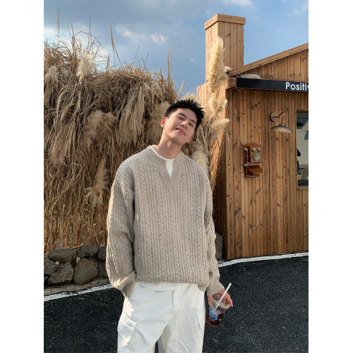 Holocene美式潮牌立體肌理感小V領套頭毛衣男純色簡約寬松針織衫 Holocene美式潮牌立體肌理感小V領套頭毛衣男純色簡約寬松針織衫
