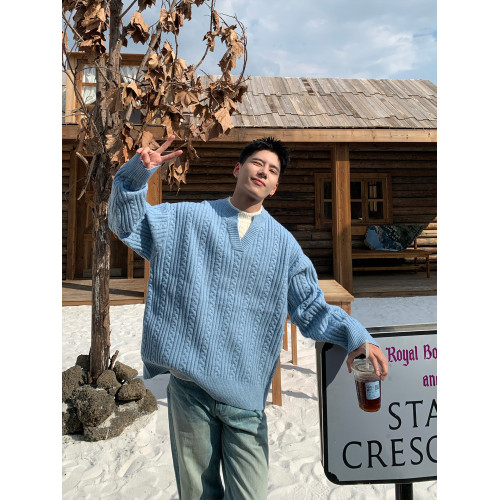 Holocene美式潮牌立體肌理感小V領套頭毛衣男純色簡約寬松針織衫 Holocene美式潮牌立體肌理感小V領套頭毛衣男純色簡約寬松針織衫