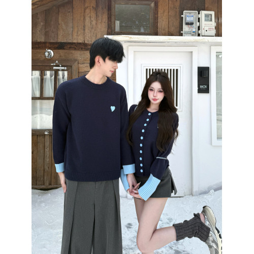 情侶裝秋冬新款溫柔風撞色圓領針織衫miu系小香風韓開衫毛衣外套