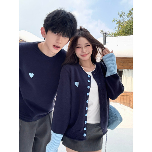 情侶裝秋冬新款溫柔風撞色圓領針織衫miu系小香風韓開衫毛衣外套