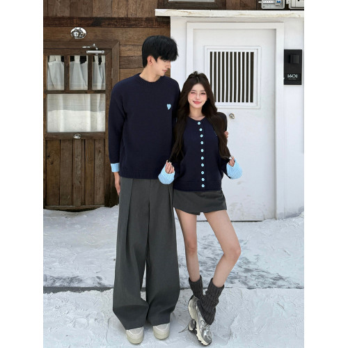 情侶裝秋冬新款溫柔風撞色圓領針織衫miu系小香風韓開衫毛衣外套