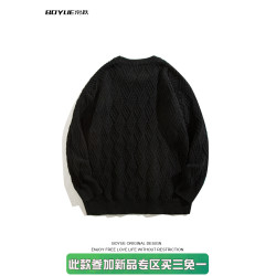 BOYUE帛躍時尚高級菱格長袖保暖毛衣男士秋冬慵懶純色針織打底衫