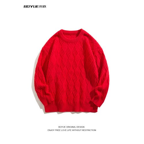 BOYUE帛躍時尚高級菱格長袖保暖毛衣男士秋冬慵懶純色針織打底衫