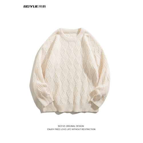 BOYUE帛躍時尚高級菱格長袖保暖毛衣男士秋冬慵懶純色針織打底衫