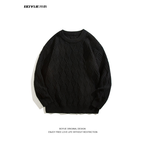 BOYUE帛躍時尚高級菱格長袖保暖毛衣男士秋冬慵懶純色針織打底衫