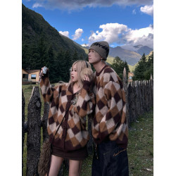 情侶裝25秋冬新款美拉德撞色菱格紋毛衣男女氛圍感針織衫外套內搭