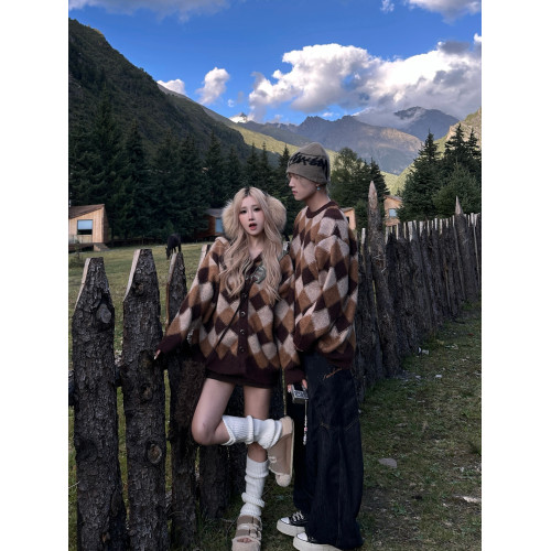 情侶裝25秋冬新款美拉德撞色菱格紋毛衣男女氛圍感針織衫外套內搭